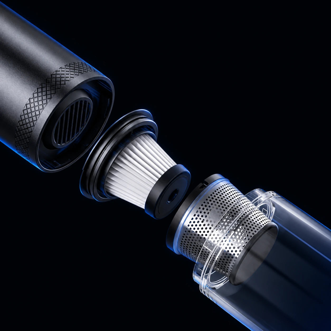 Exploded view: inner HEPA filter and outer perforated steel filter